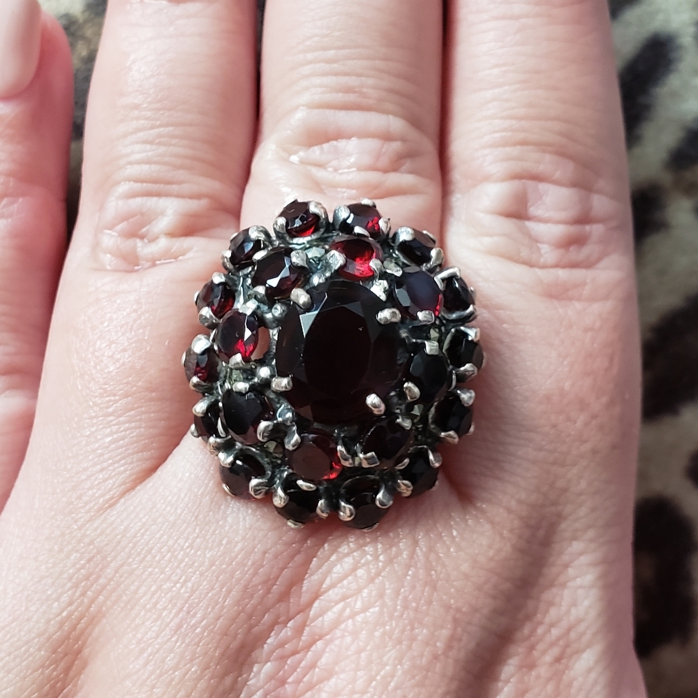 SOLD - Giant Garnet Cluster Marcasite Sterling Silver Ring Sz 9